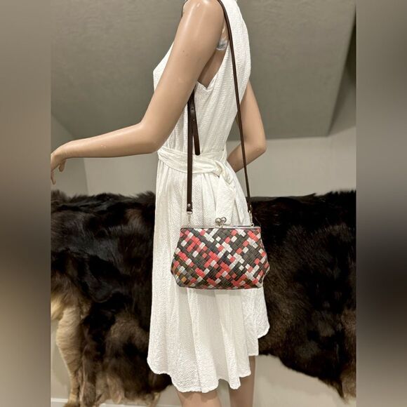 Colorful Genuine Woven Leather Kisslock Crossbody Box Bag,  Includes 2 Straps - Picture 7 of 16